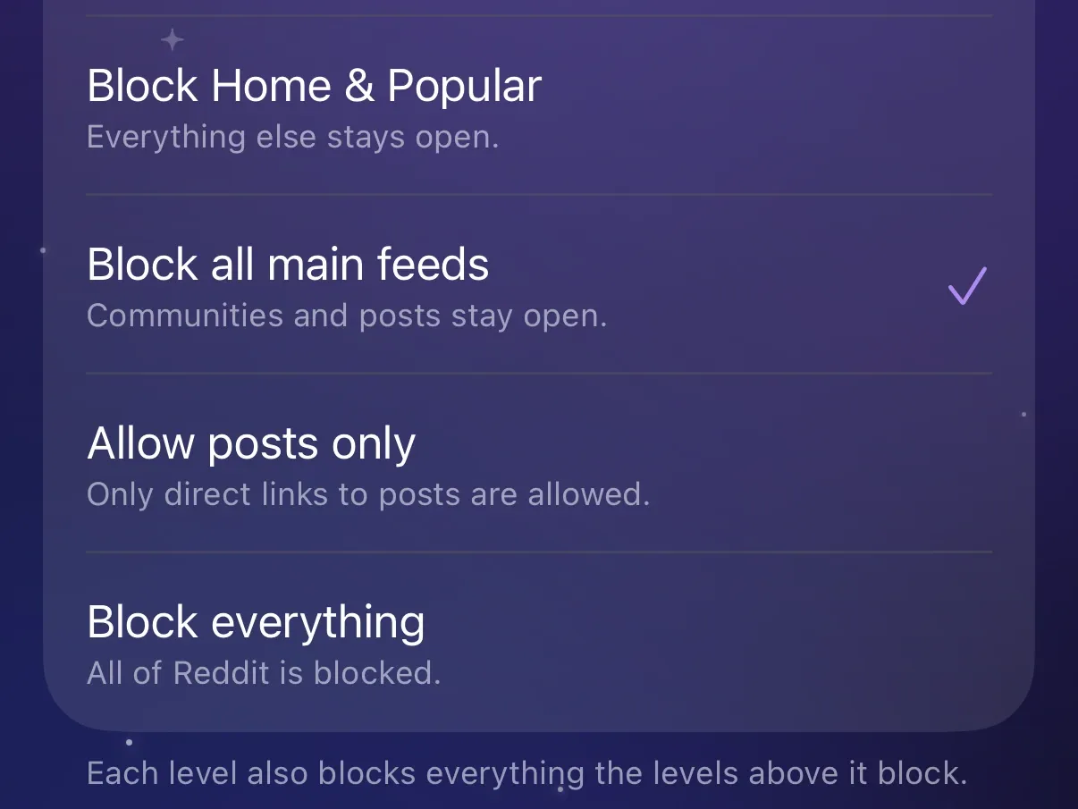 Protego’s Limits levels from Block Home & Popular to Block everything, with Block all main feeds selected.