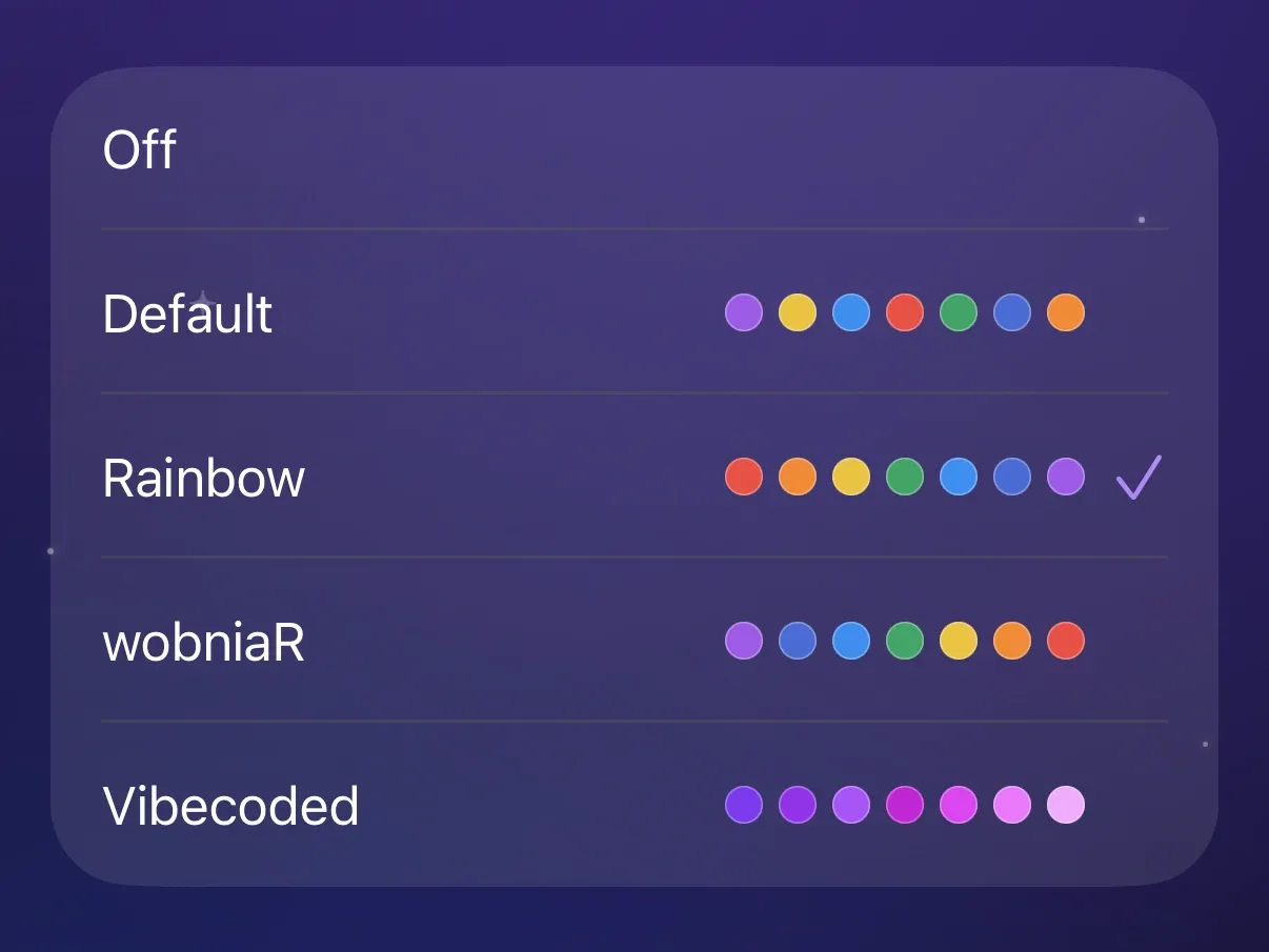 The Thread Colors picker in Protego with the Rainbow theme selected.