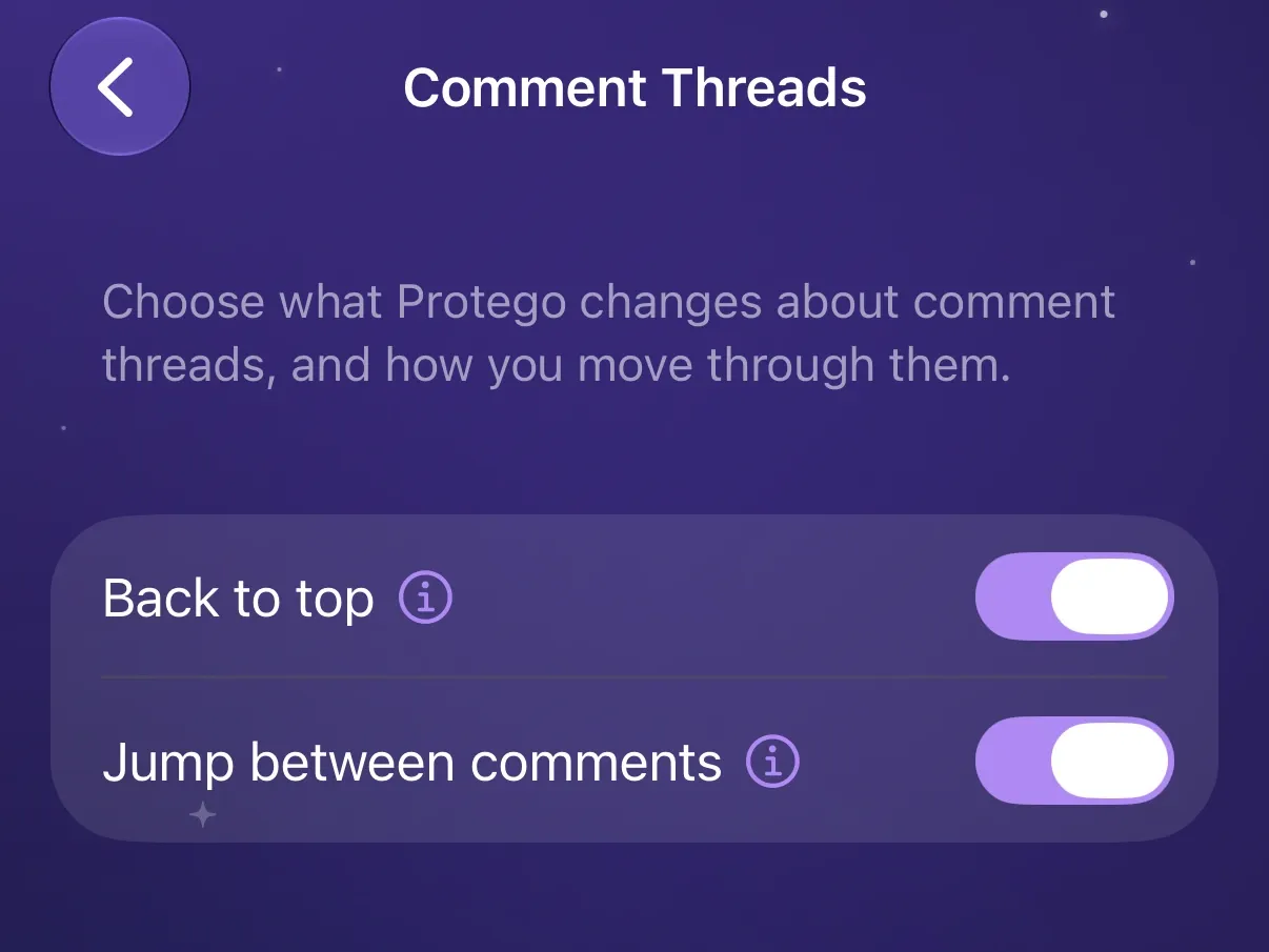 Back to top and Jump between comments turned on in Protego’s Comment Threads settings.