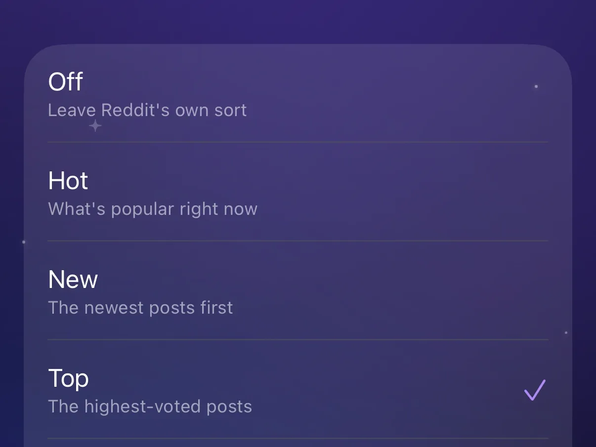 Protego’s Post sort order options, with Top selected.