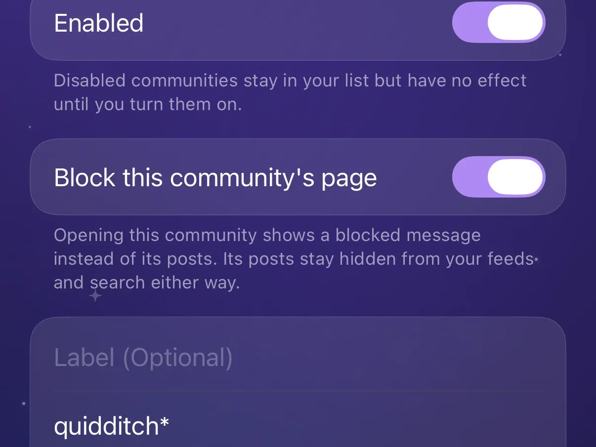 A community entry in Protego with Enabled and Block this community’s page turned on.