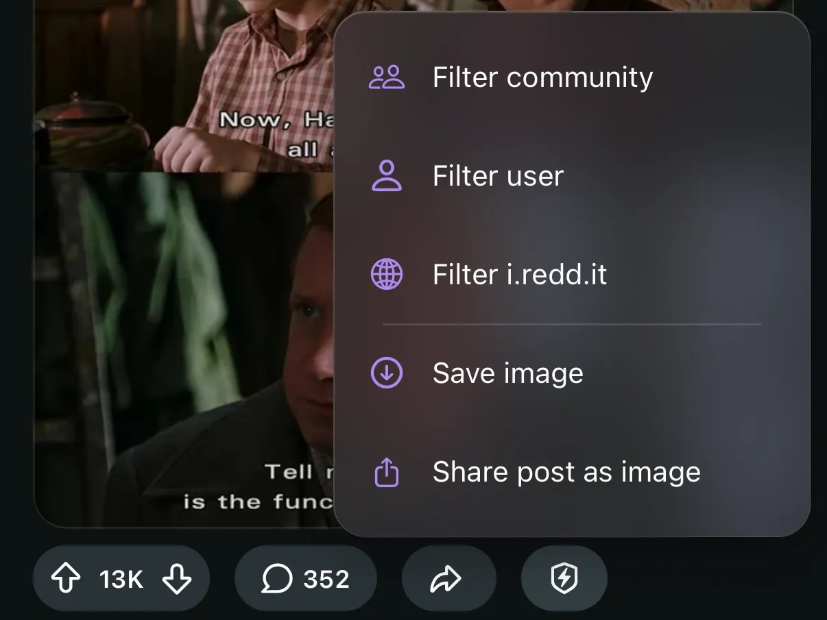 The Protego menu open on a Reddit post, with Filter community at the top.