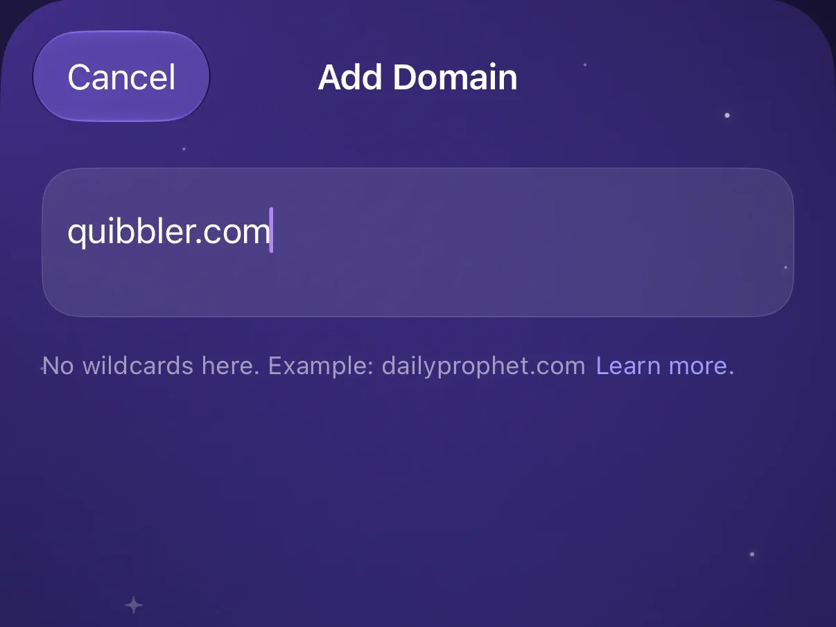 Protego’s Add Domain sheet with quibbler.com typed.