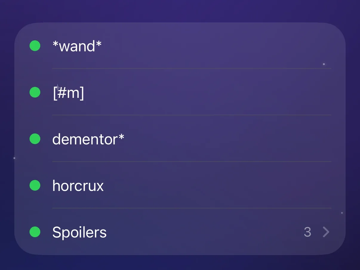 Protego’s Keywords list with wildcard and number patterns, horcrux, and a Spoilers group of three keywords.