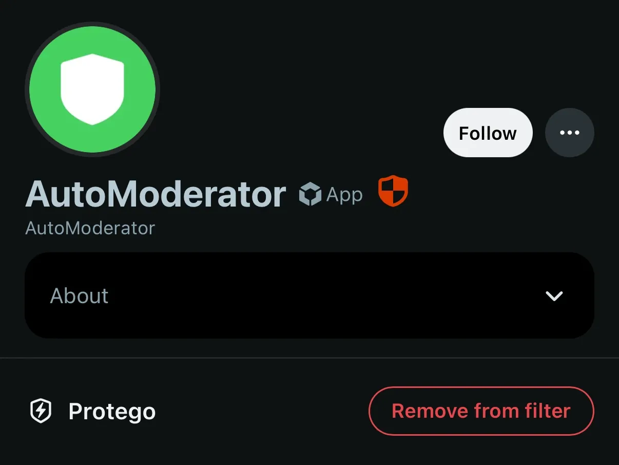 AutoModerator’s Reddit profile with a Protego section and a Remove from filter button.