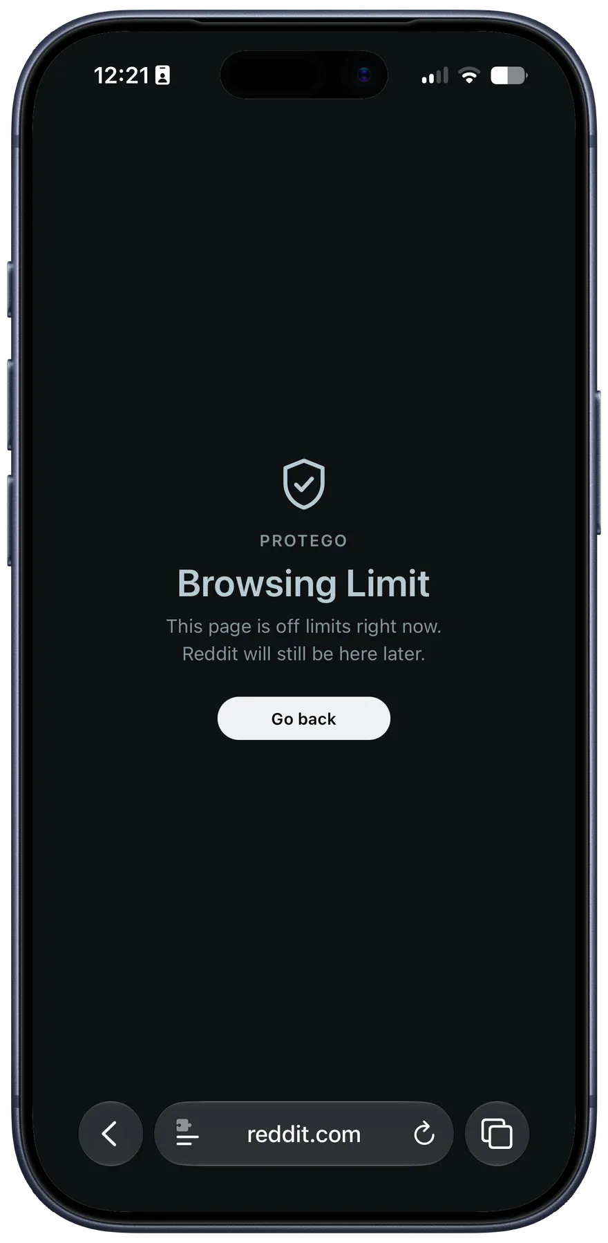 Protego's Browsing Limit page in Safari: this page is off limits right now, with a Go back button