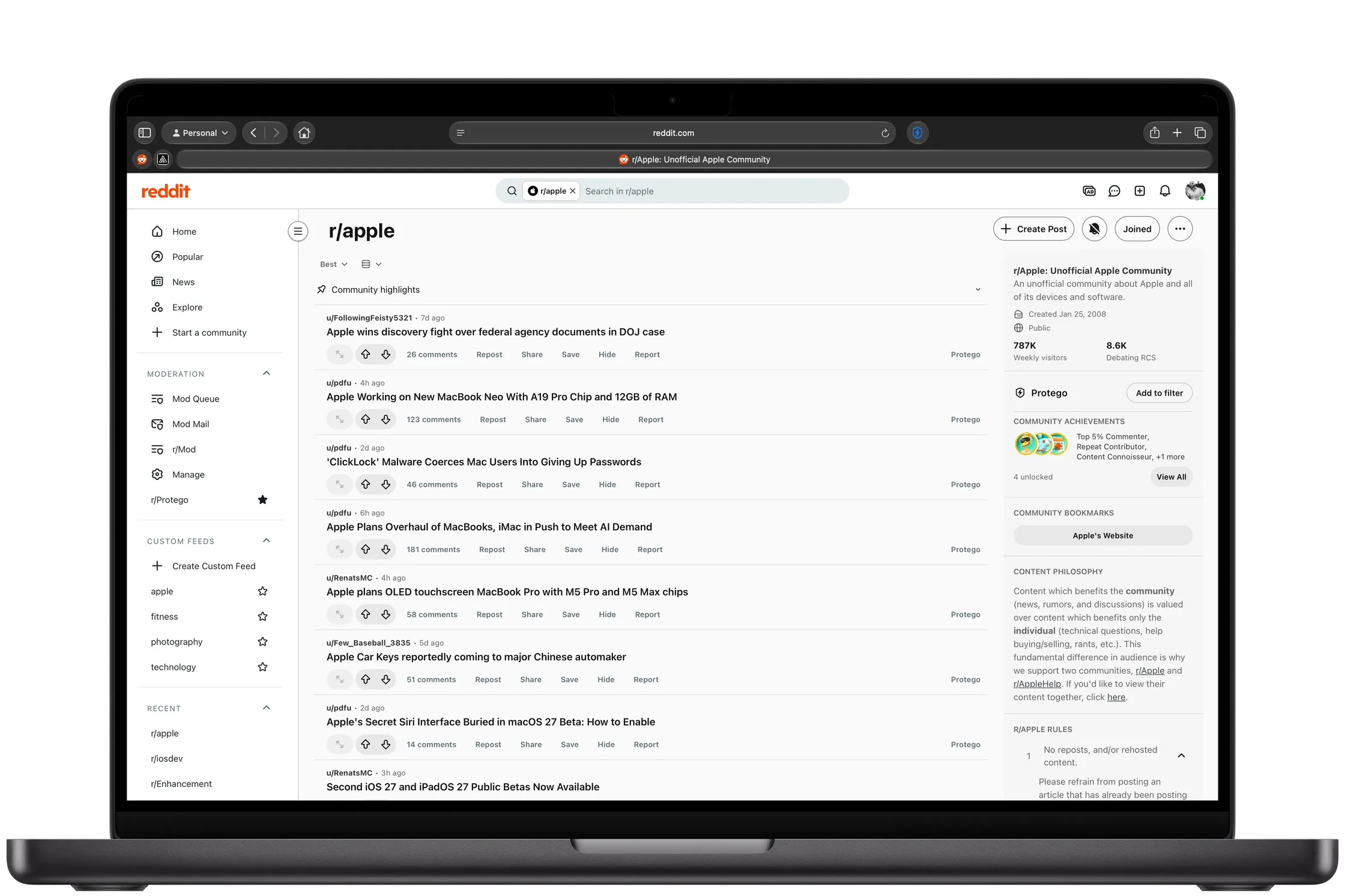 The same community with Transform on: a calm text-first feed, each post with a Protego control