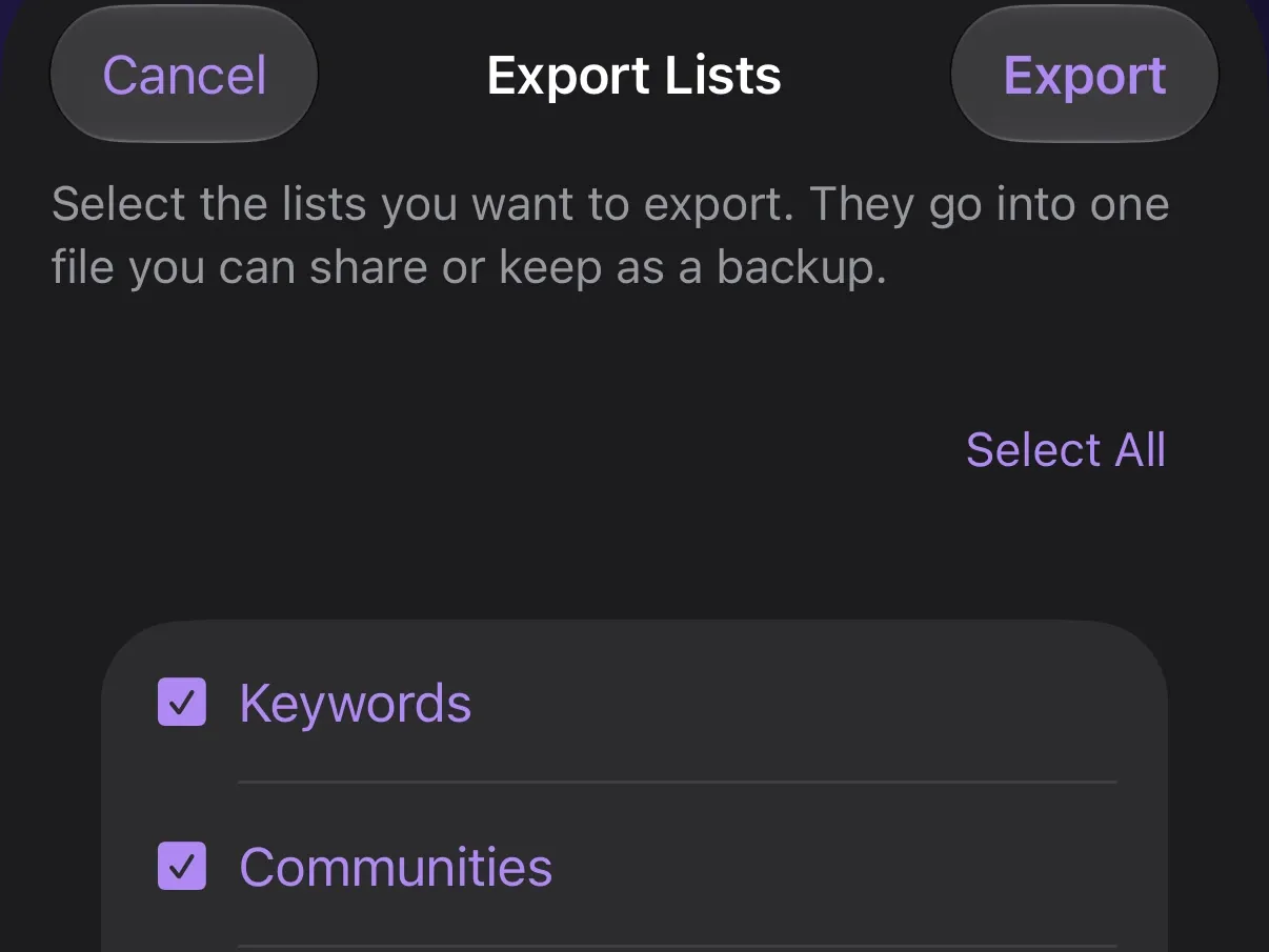 Protego’s Export Lists sheet with Keywords and Communities selected.