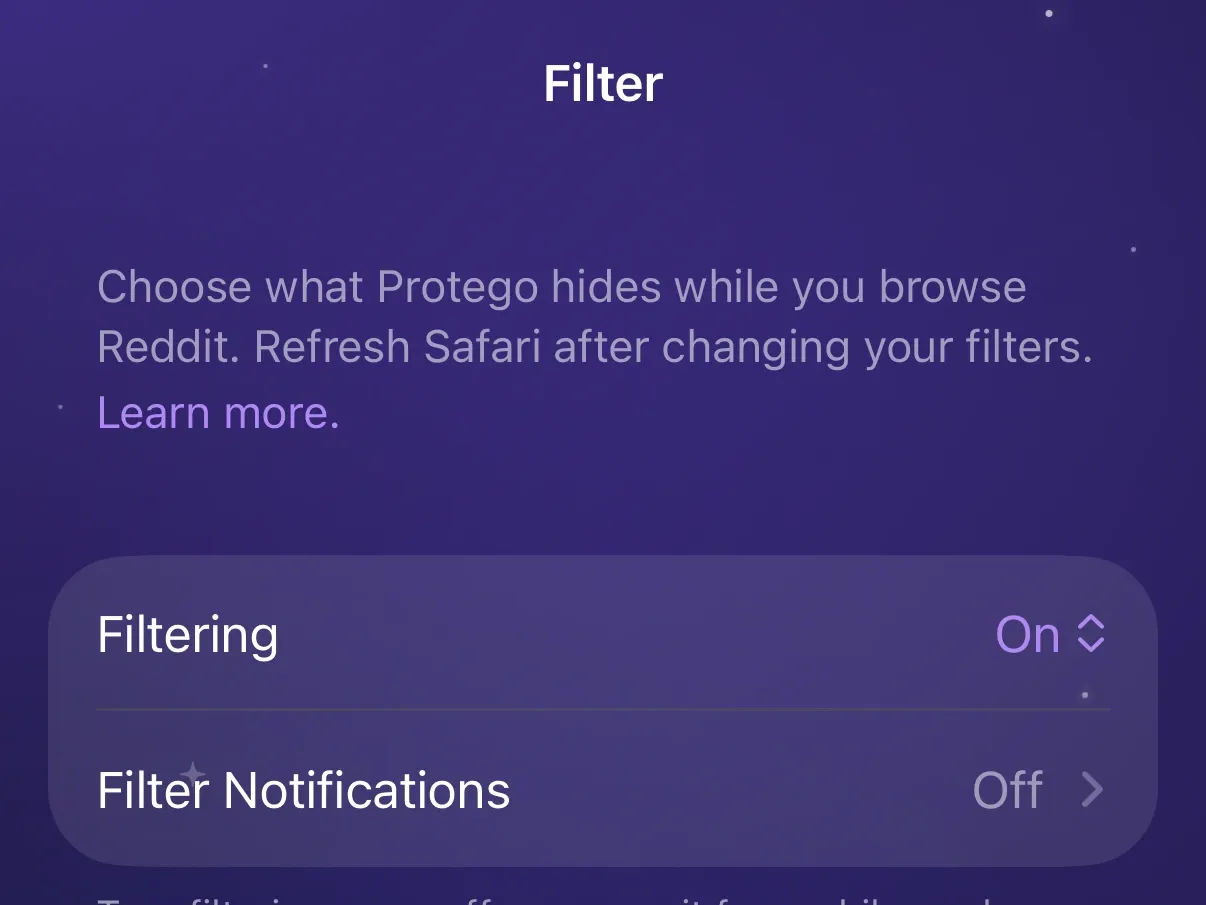 The Filtering menu at the top of Protego’s Filter tab, set to On.