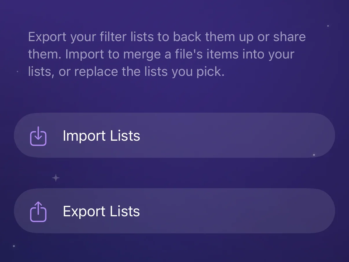 Protego’s List Management screen with Import Lists and Export Lists.