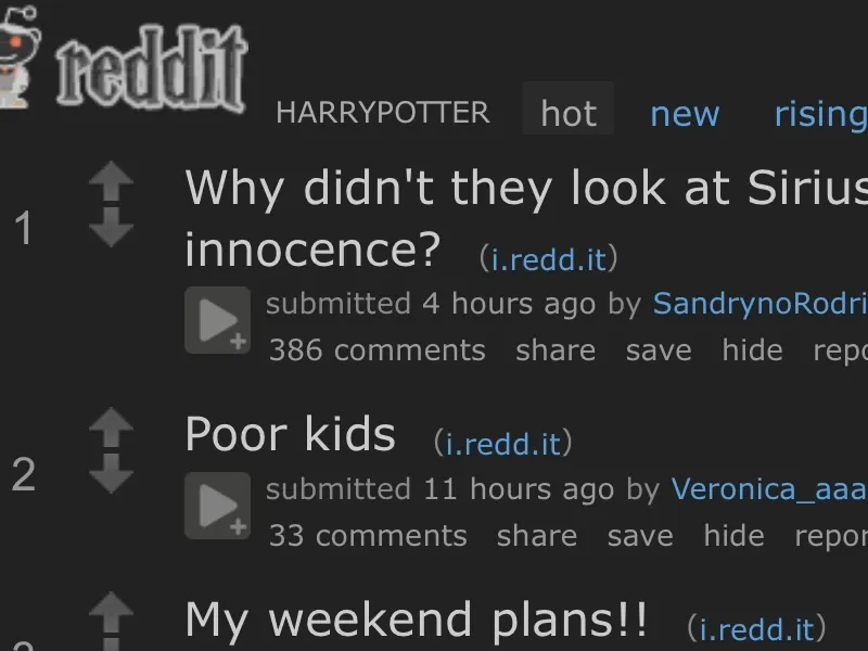 Old Reddit’s r/harrypotter page in a plain dark theme, without the community’s own styles.
