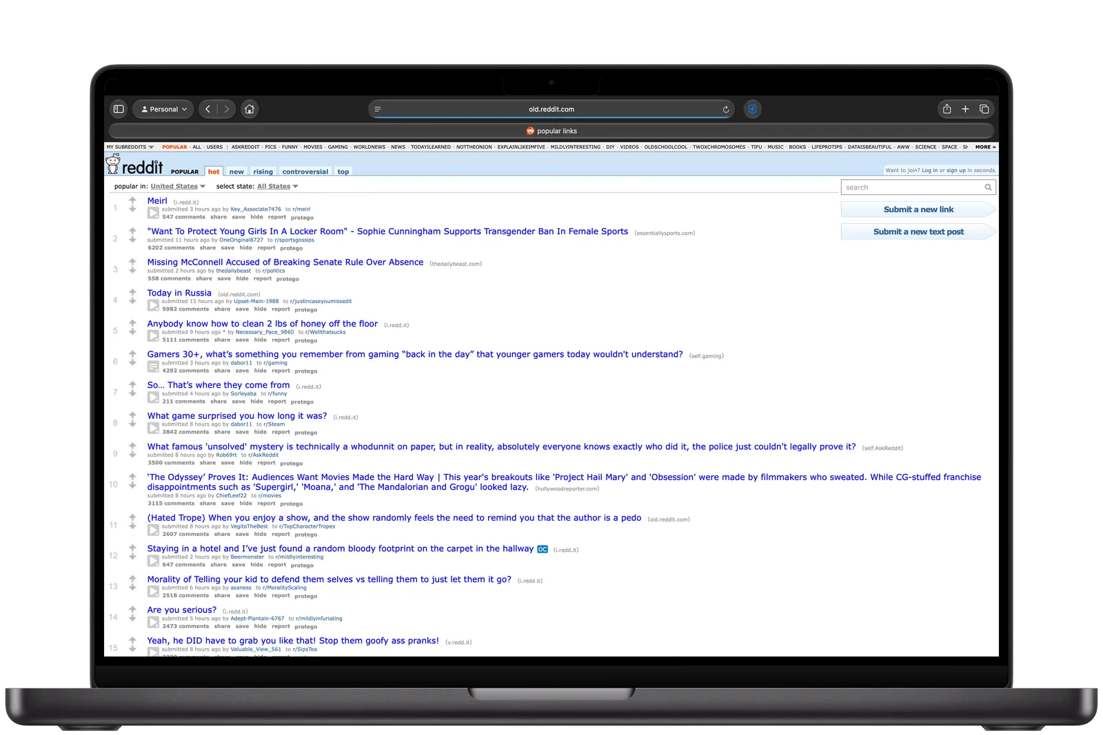 old Reddit's popular feed in Safari on a Mac, with a Protego link under every post
