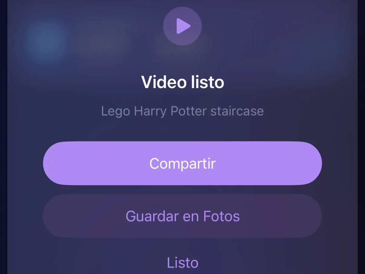 La pantalla Video listo de Protego con Compartir, Guardar en Fotos y Listo.