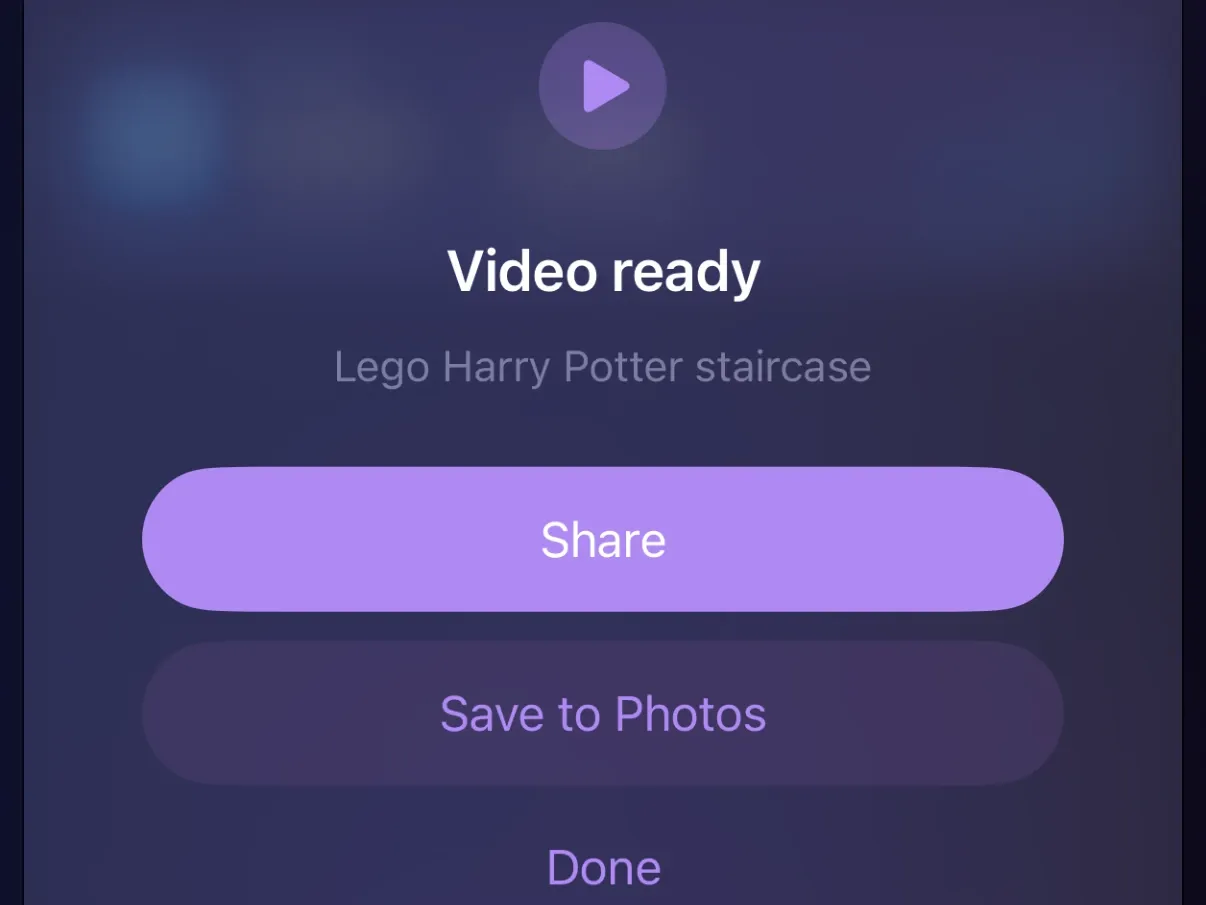 Protego’s Video ready screen with Share, Save to Photos, and Done.