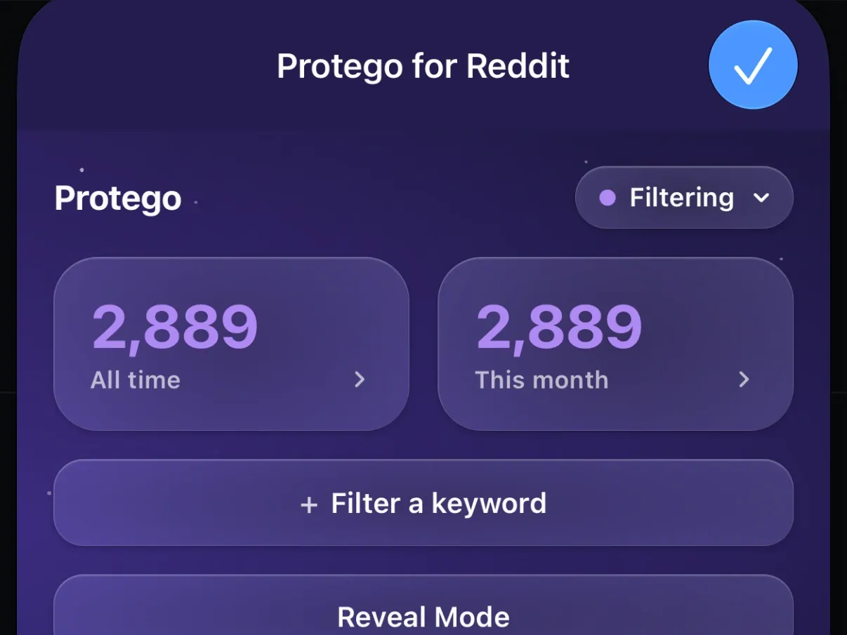 The Protego extension in Safari with 2,889 posts under both All time and This month, above Filter a keyword and Reveal Mode.