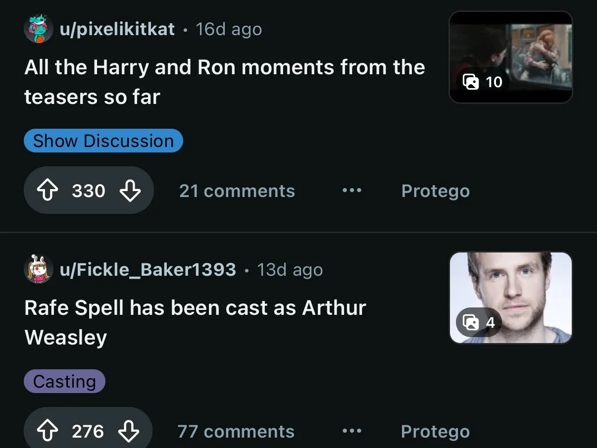 Two Reddit posts in a feed, each with a thumbnail image.