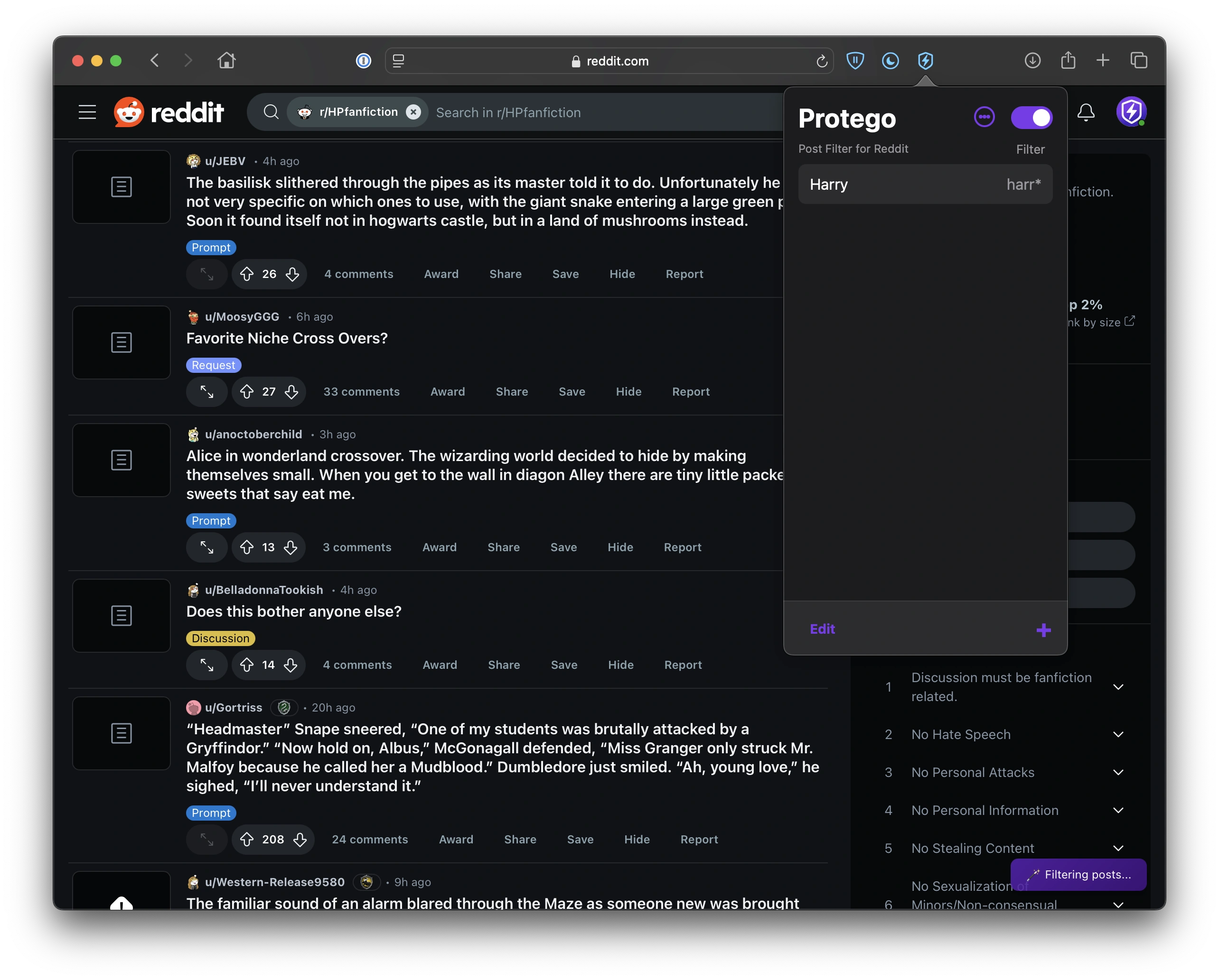 Protego Safari extension filtering unwanted posts from Reddit