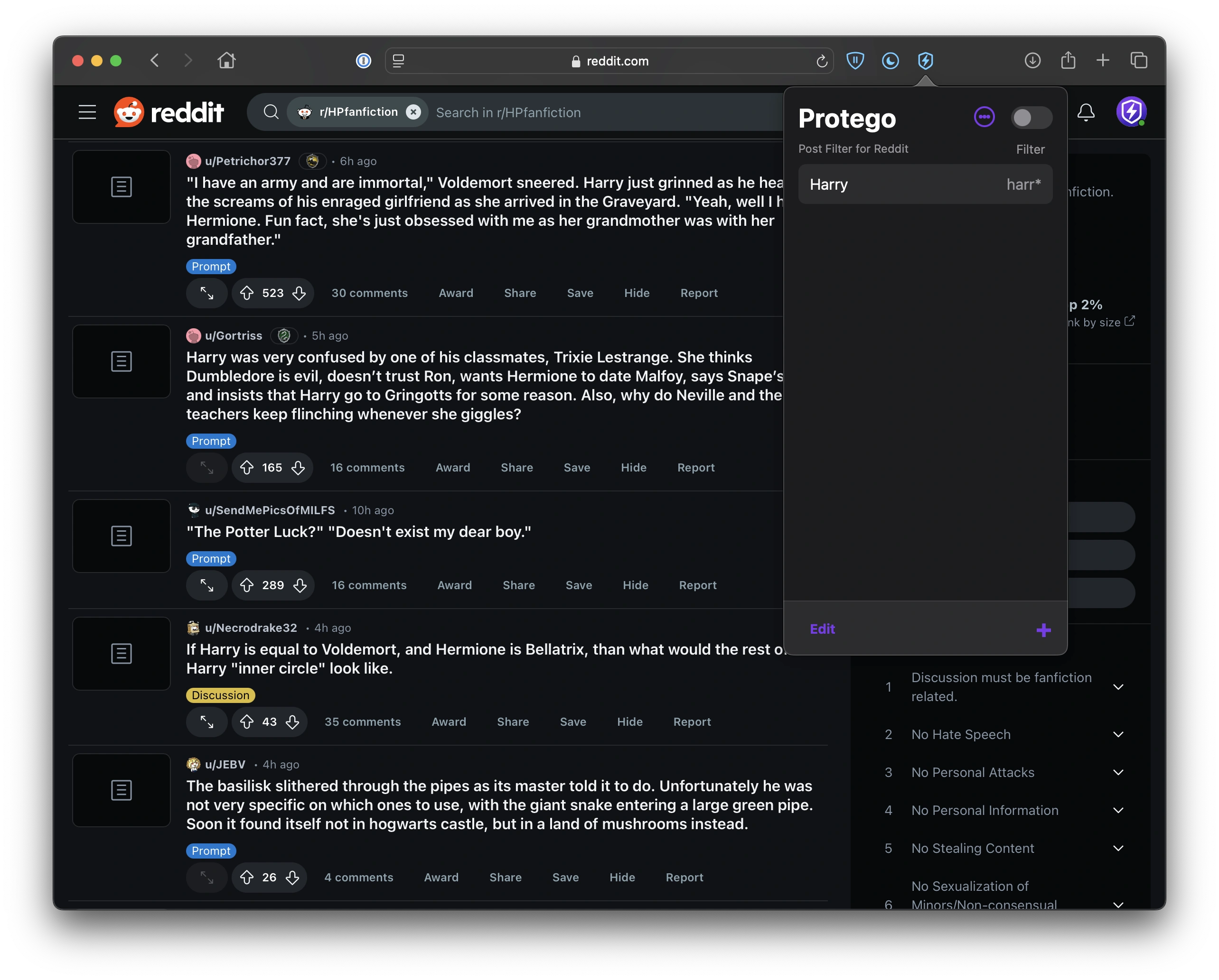Protego Safari extension filtering unwanted posts from Reddit